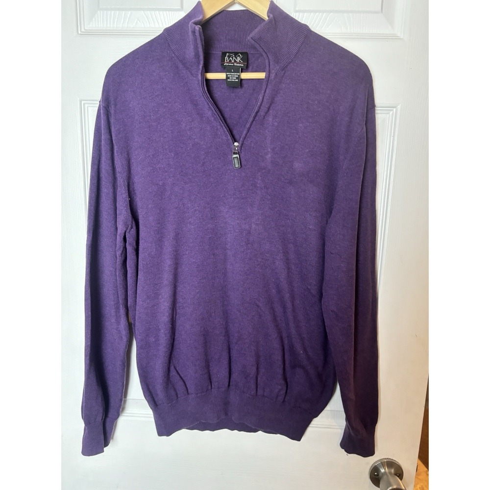 Jos A Bank Mens Large Purple Pima Cotton Quarter Zip Sweater Pullover Ribbed Hem